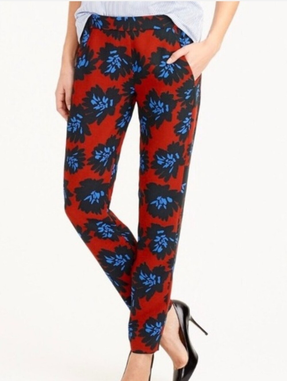 J. Crew Firecracker Red Blue Floral Skinny Ankle  Pants Elastic Waist Size 8